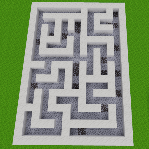 A green 2D hedge maze, made with the //maze command